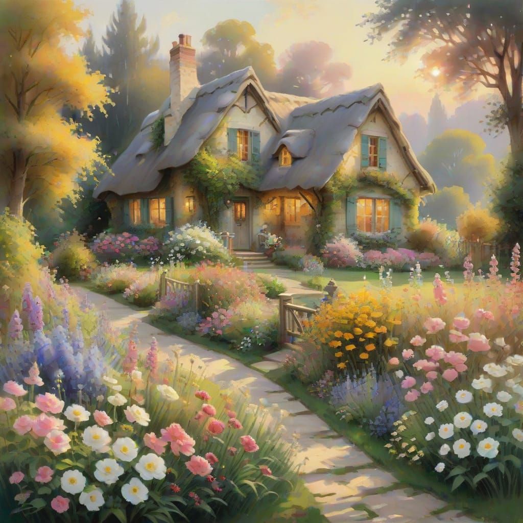 Charming Garden Cottage Painting in Impressionist Style