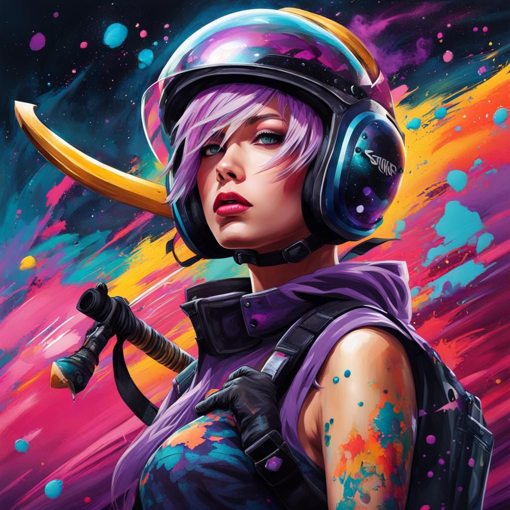 Vibrant Space Warrior in Graffiti Art Style