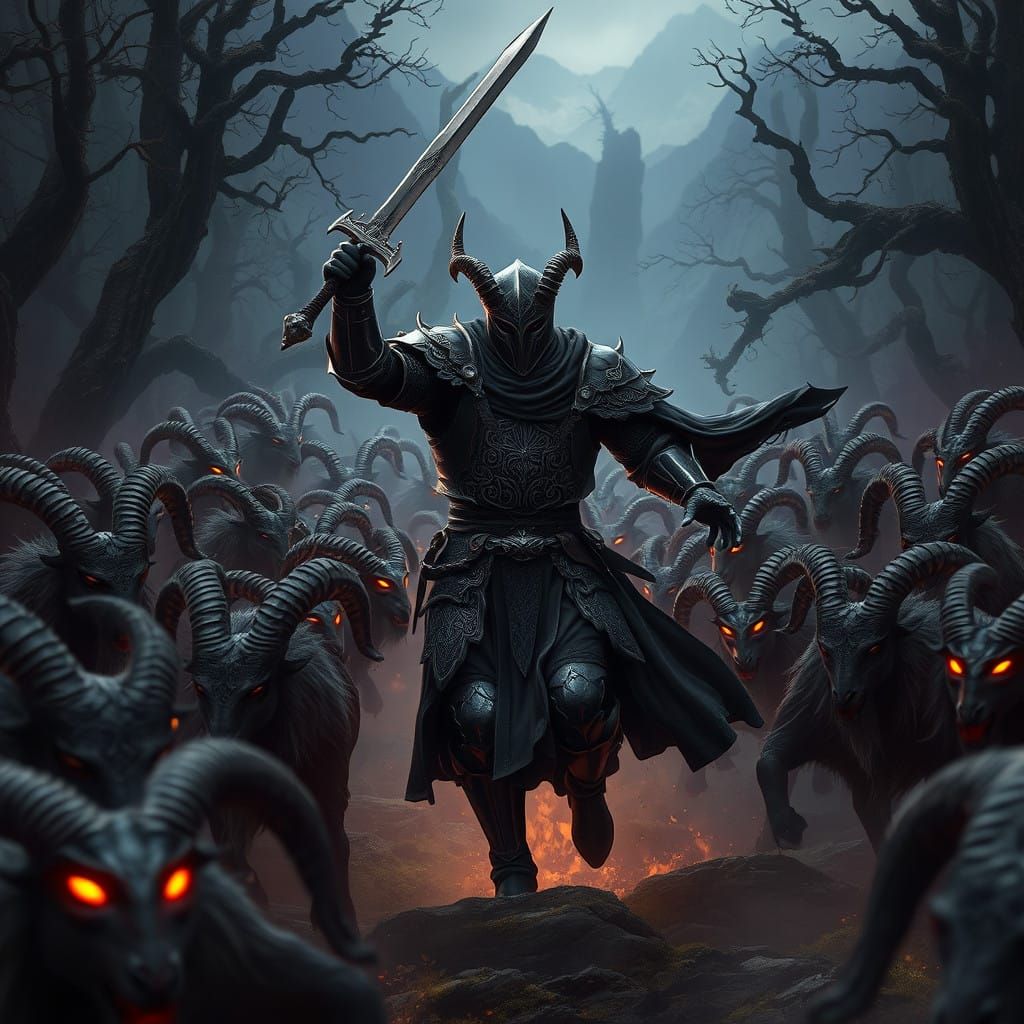 Dark Knight Battles Twisted Goat Horde in Mysterious Forest