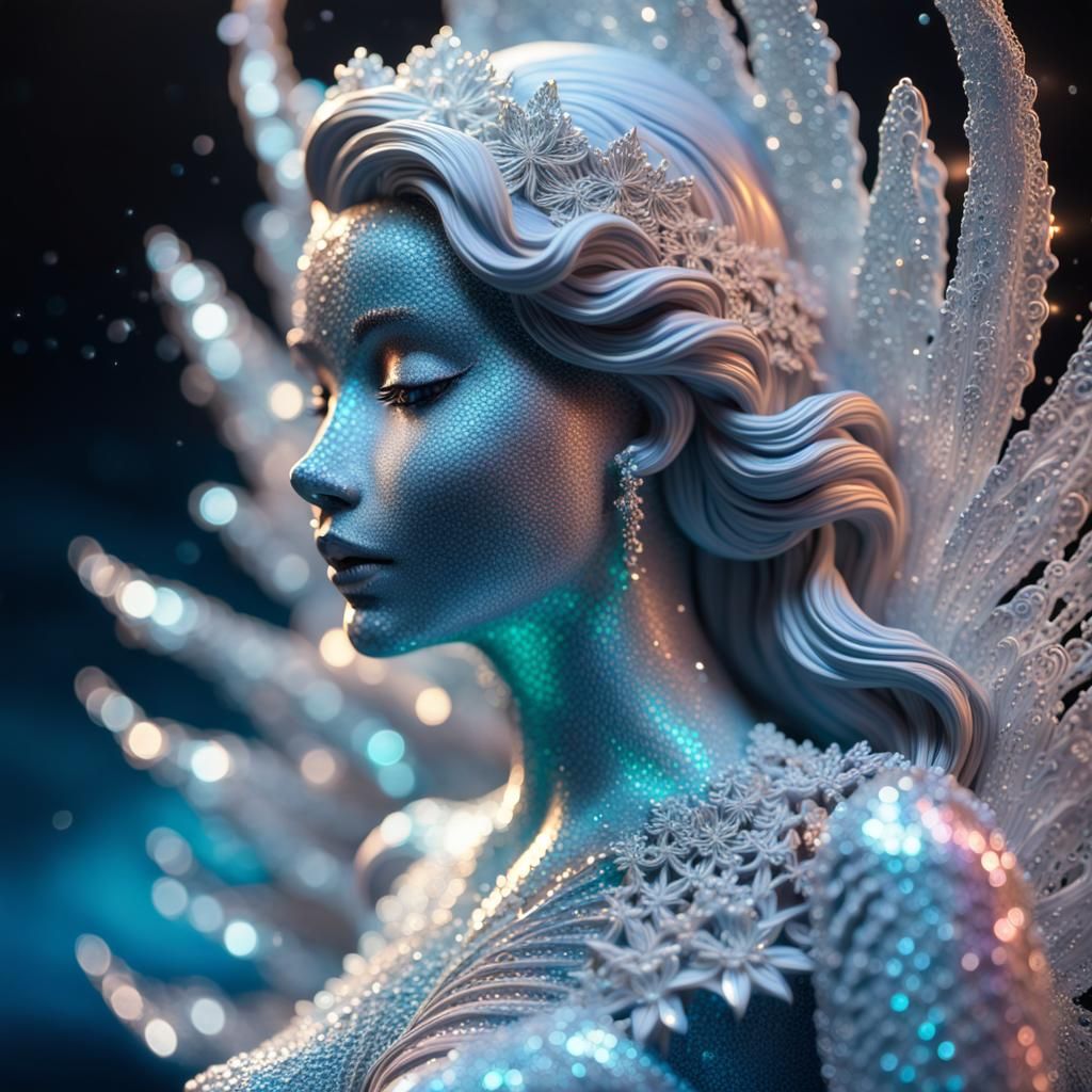 Hyperrealistic Frozen Mermaid in Glimmering Fractal Art