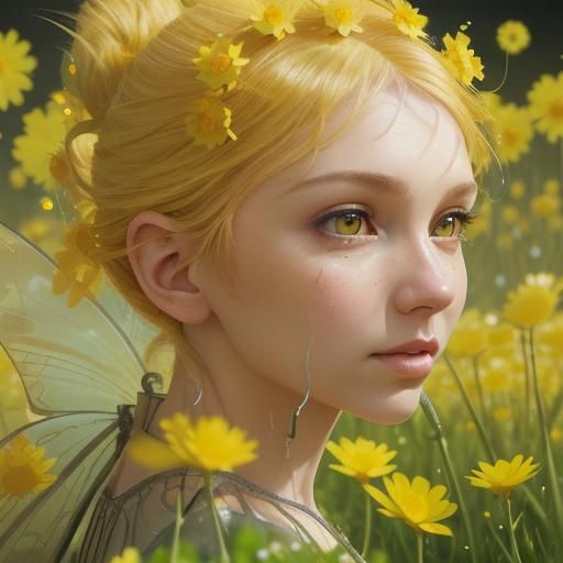 Yellow Fairy Amidst Vibrant Buttercups in Realistic Splash A...