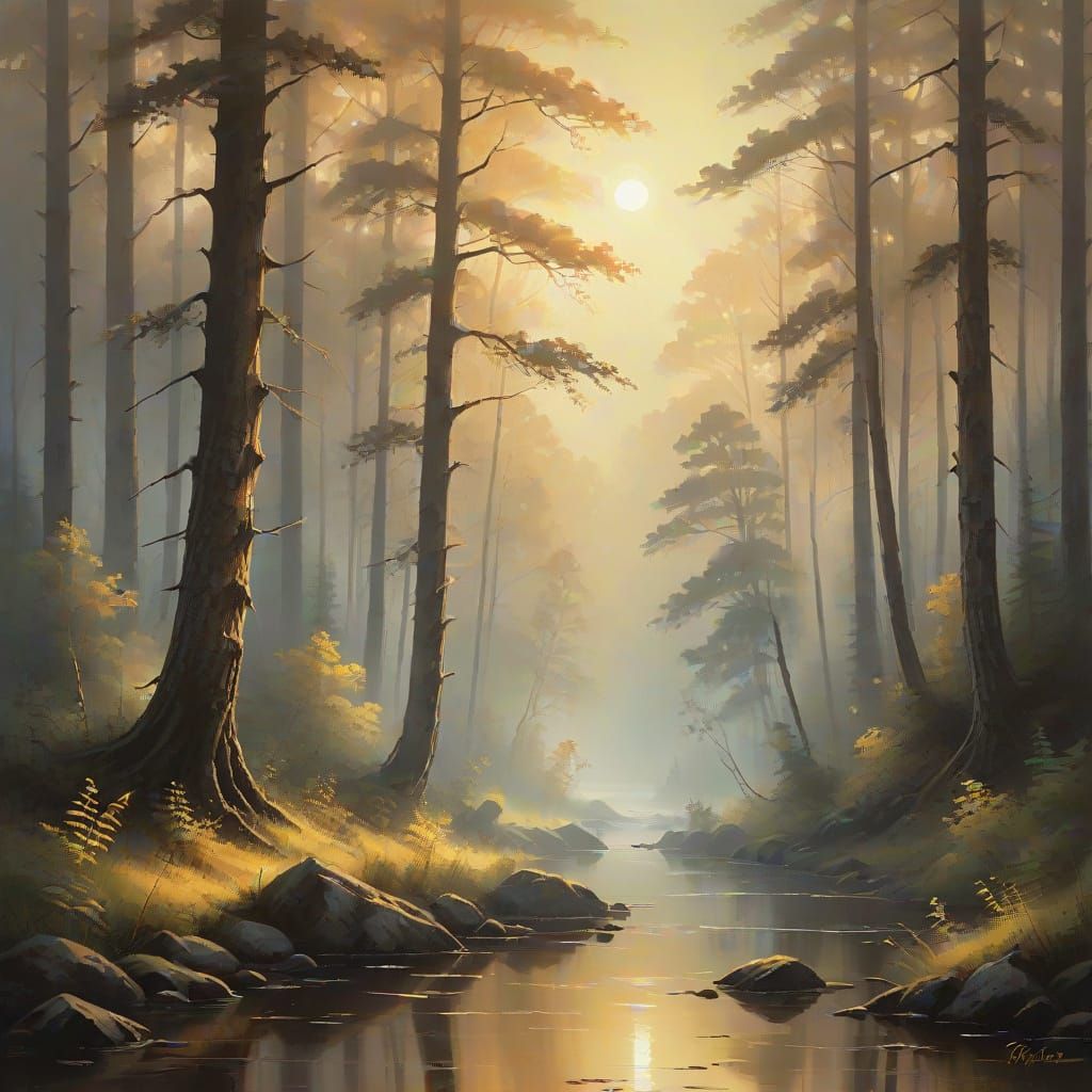 Tranquil Forest Scene in Warm Tones, Oil Painting Style