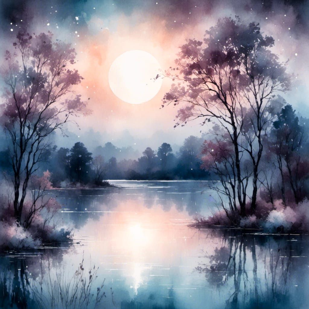 Whimsical Watercolor Night Scene Under Full Moon