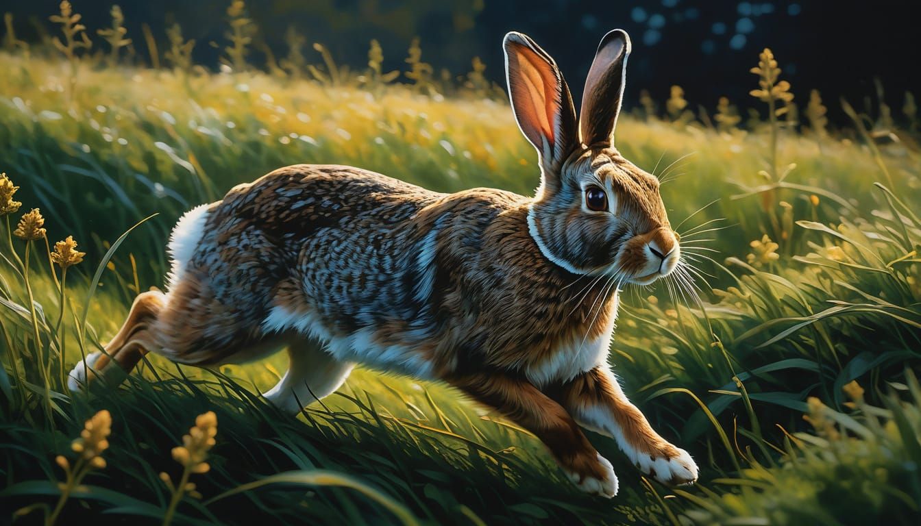 Rabbit Running in Meadow: Gouache Painting with Calligraphy