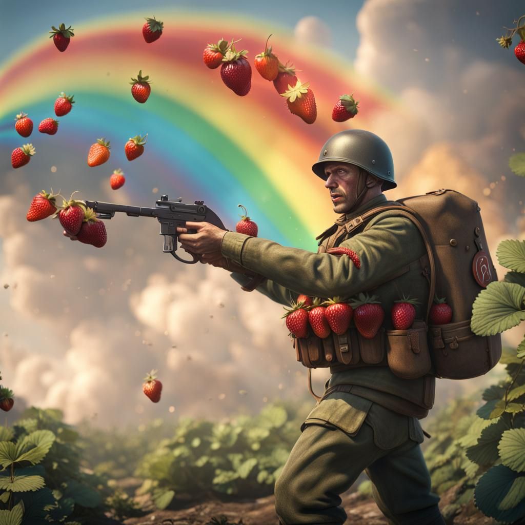 Strawberry Soldier in Vibrant Fantasy Landscape