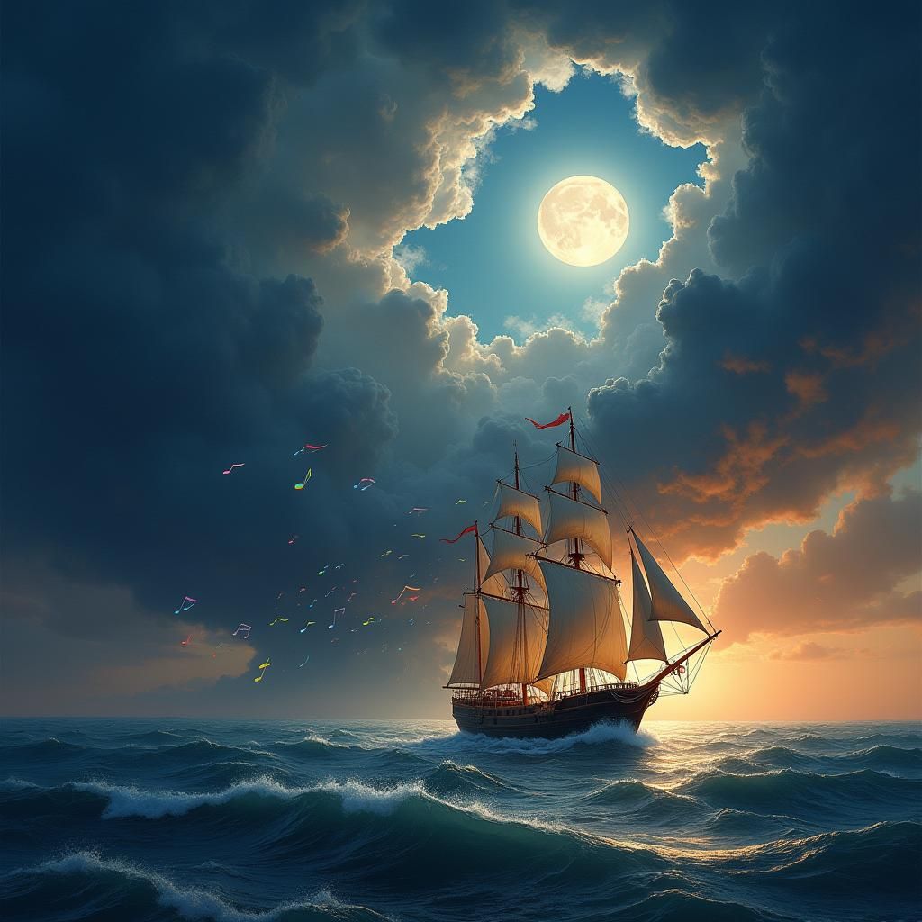 Serenely Sailing Ship in Dreamy Moonlit Stormscape