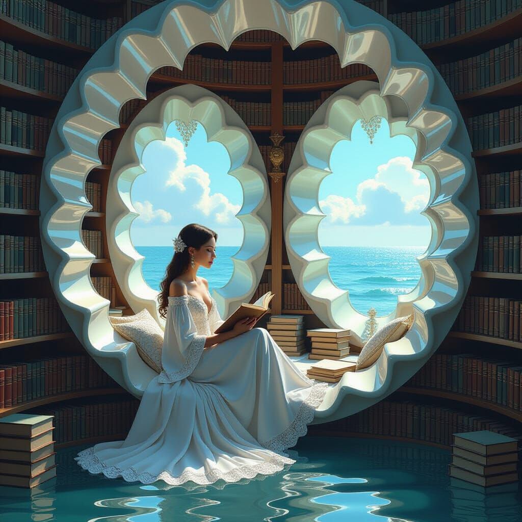 Seaside Library with Woman, Dreamy Fantasy Illustration