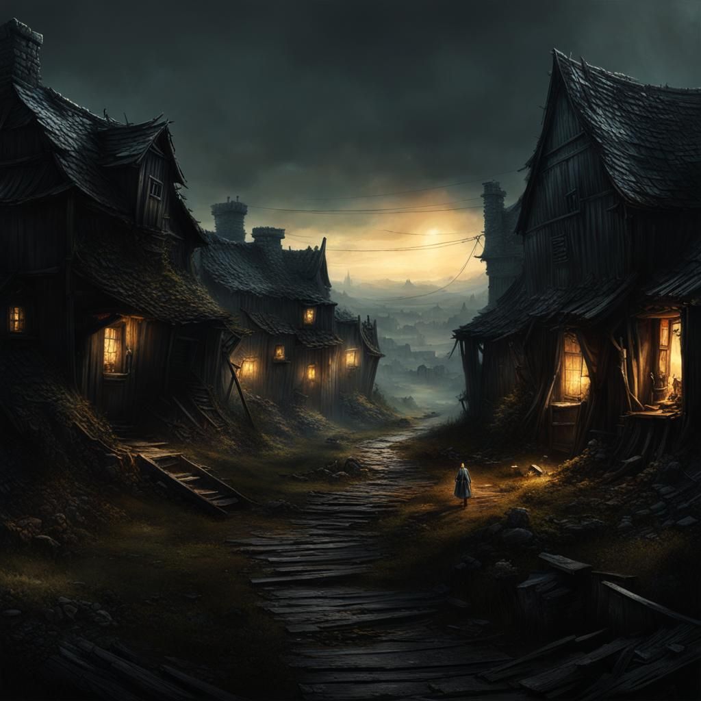 Epic Dark Fantasy Village in Hyperrealistic Despair