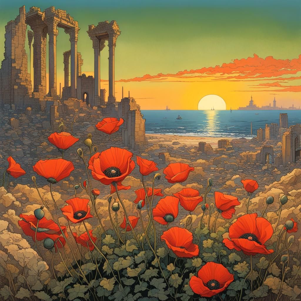 Vivid Palestinian Poppies Bloom Amidst Gaza's Ruins at Sunse...