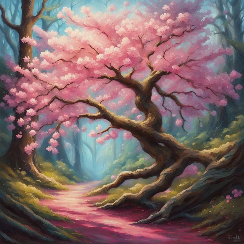 Ethereal Cherry Blossom Tree Blooms in Whimsical Forest