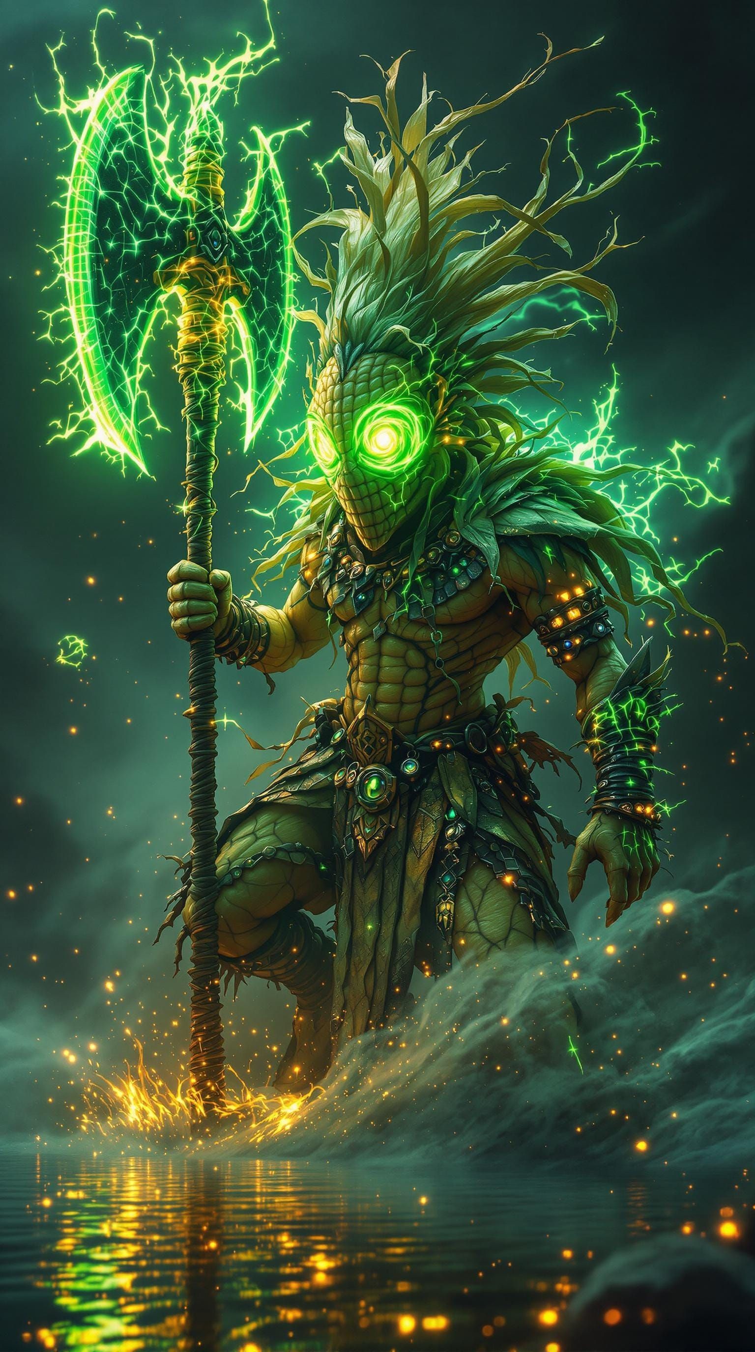 Majestic Corncob Warrior in Vibrant, Ethereal Scene