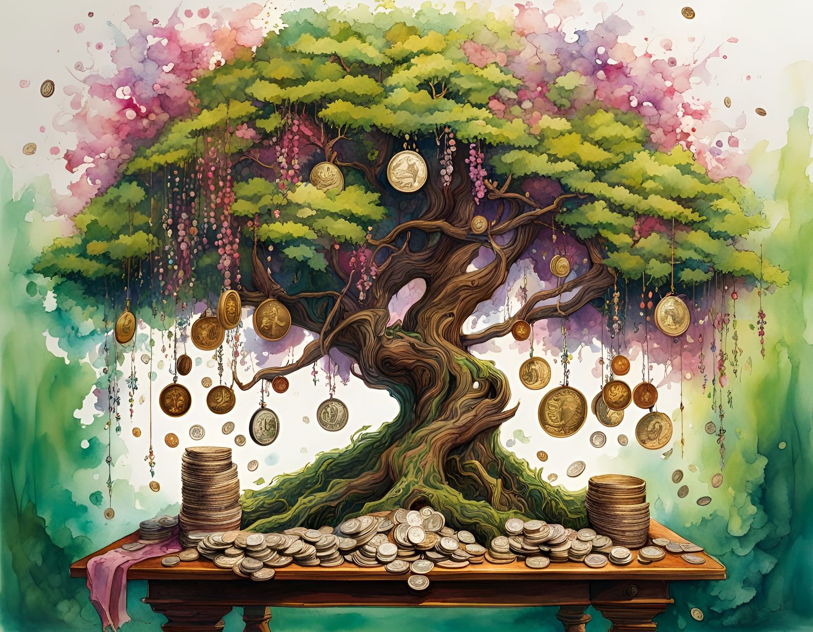 Mystical Money Tree in Whimsical Folk Art Style