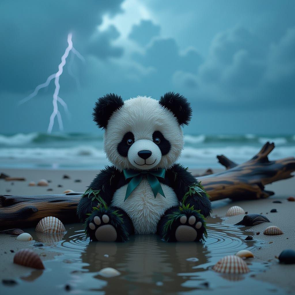 Bedraggled Panda Washed Ashore in Stormy Matte Painting