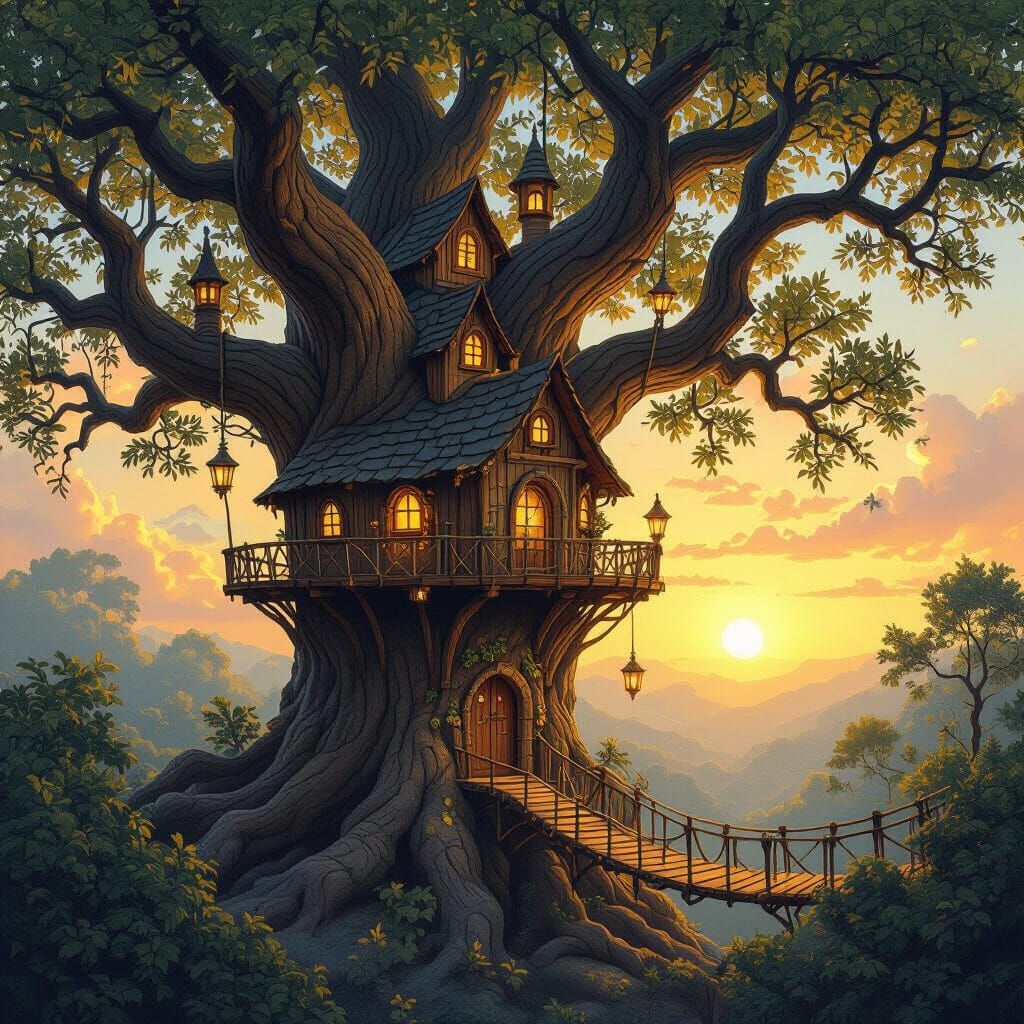 Whimsical Treehouse Village at Sunset in Fantasy Style