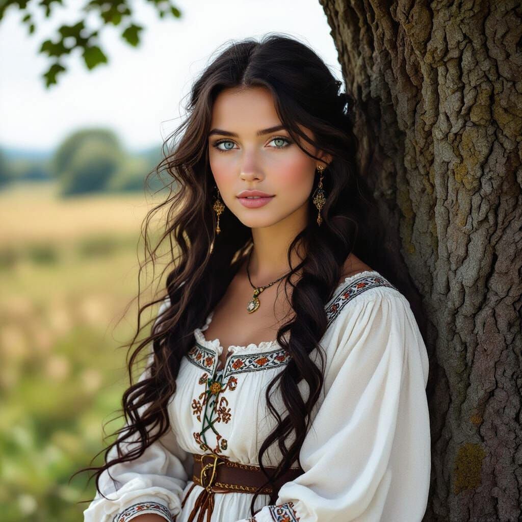 Medieval Woman with Raven Hair in Shishkin Style