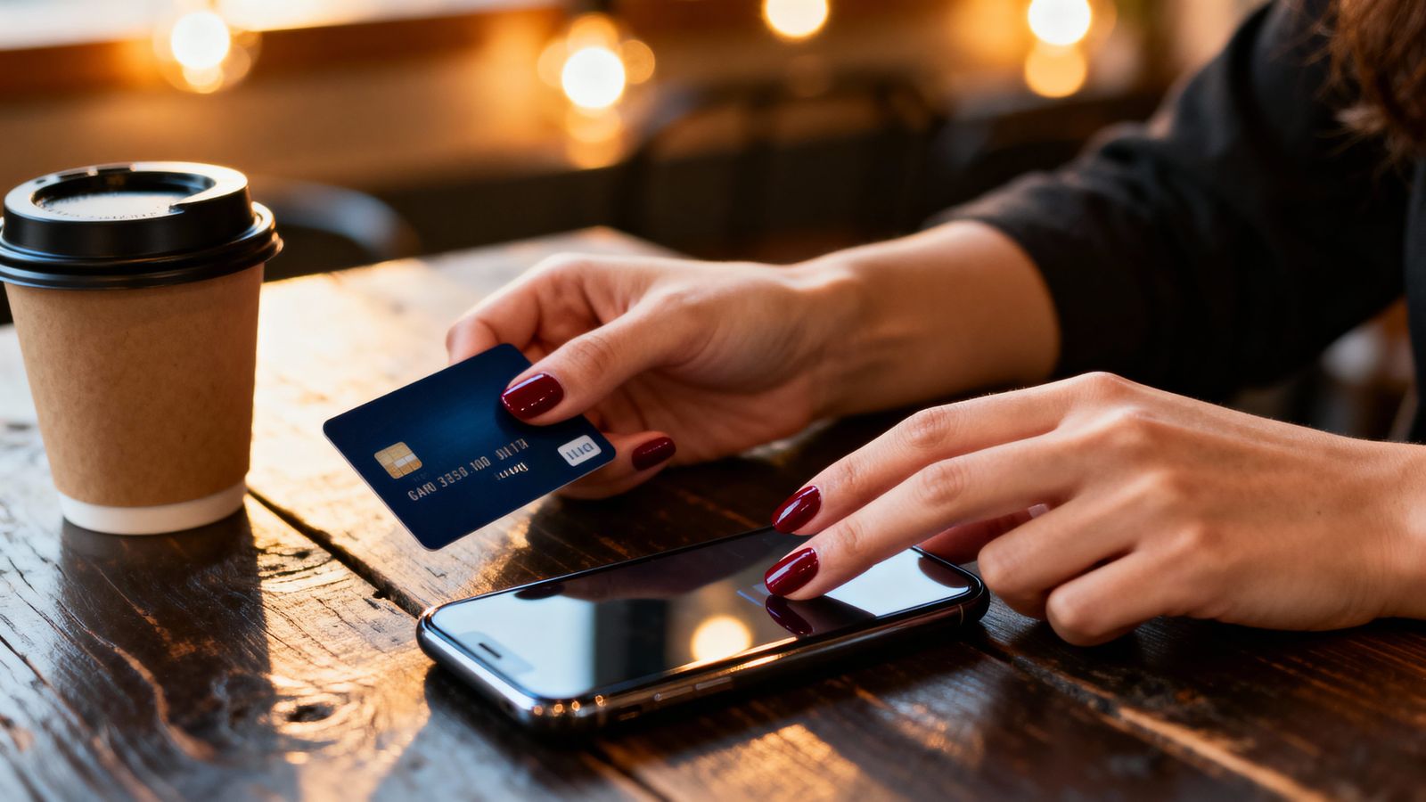 Woman's Hands Making Online Payment in Cafe