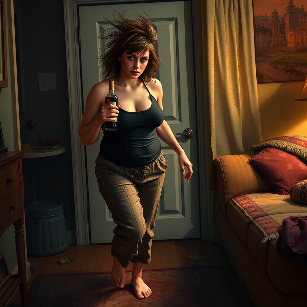 Disheveled Drunk Woman Stumbles Through Apartment in Matte-P...