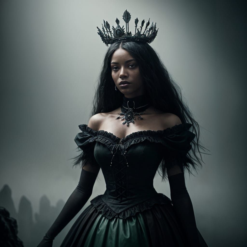 Surreal Goth Disney Princess in Luxurious Dark Green Regalia