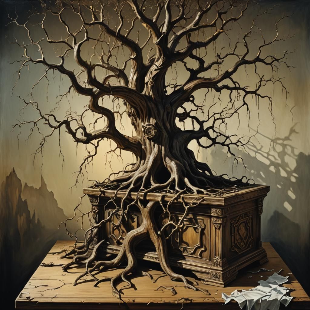 Tree Roots Wrap Around Ornate Box in a Dreamlike Scene