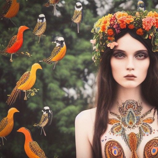 Ethereal Steampunk Goddess Dancing with Birds