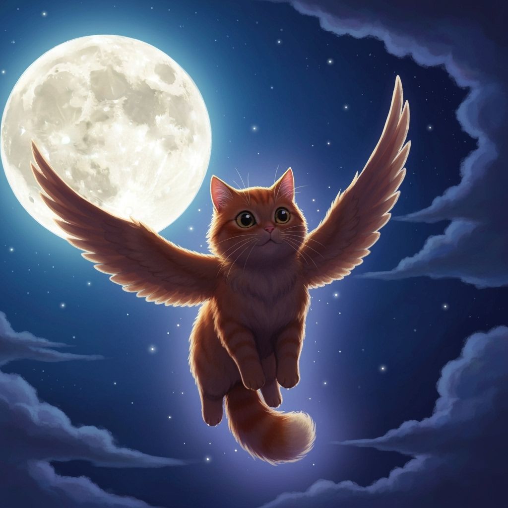 Whimsical Ginger Cat Flies Past Luminous Moon