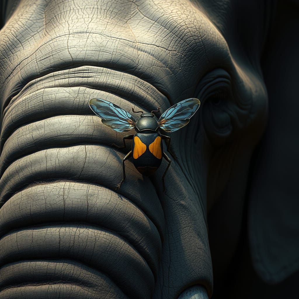 Ultra-Realistic Bug on Elephant, Intricate Textures