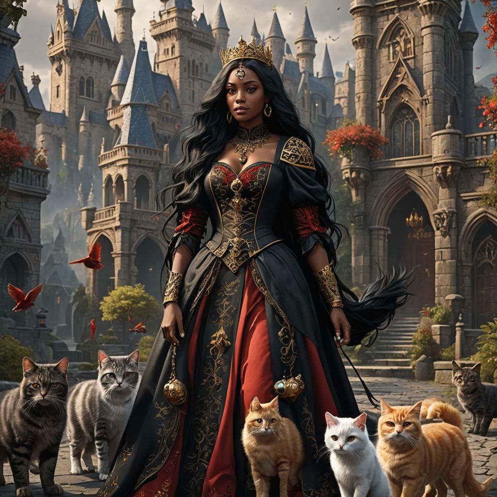 Regal Gothic Queen with Feline Friends in Splendid Red and G...