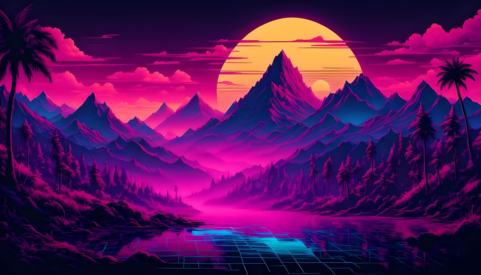 Electric Dreamscape: Glowing Mountains in Neon Valley