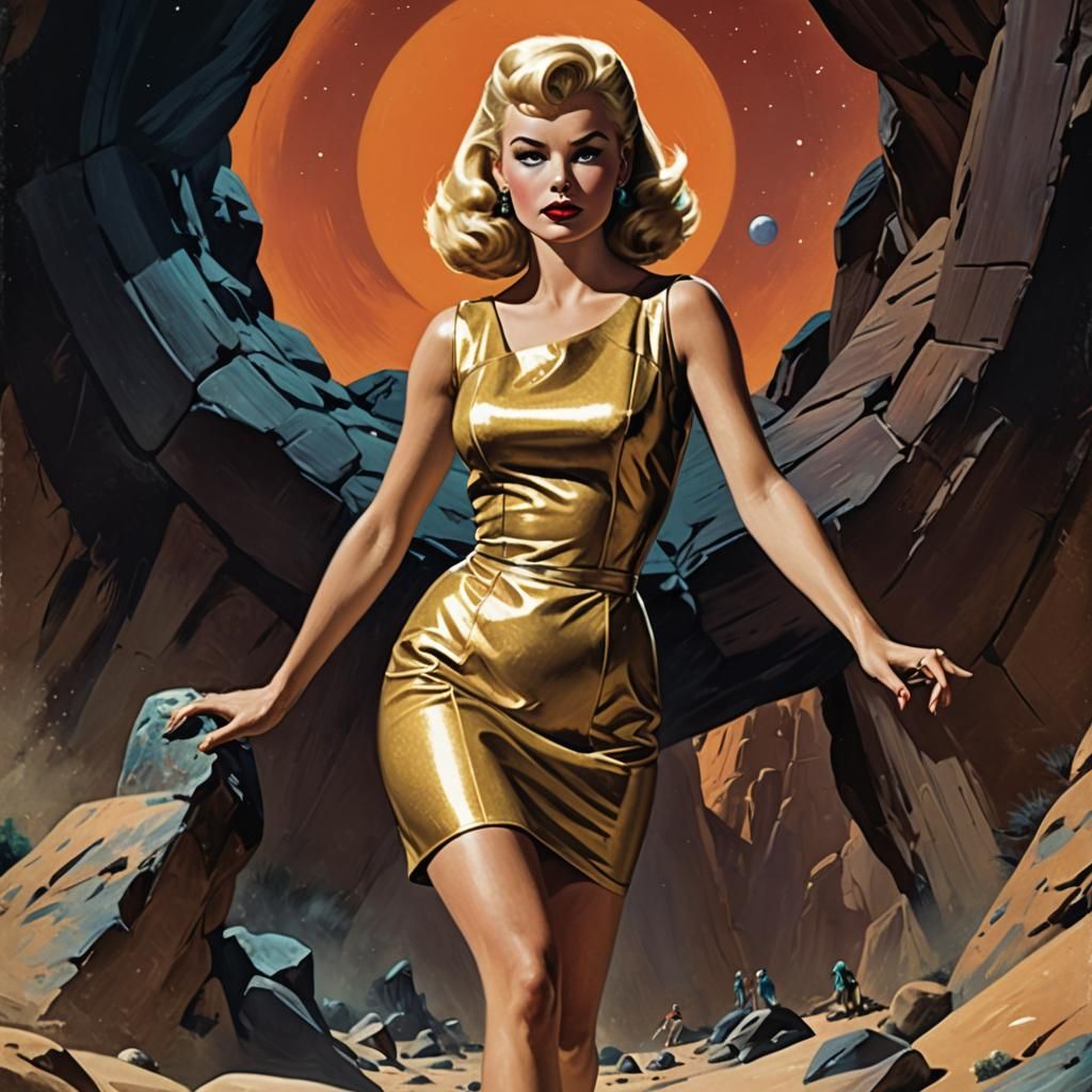 Mid Century Sci-Fi Goddess Navigates Ancient Alien Landscape