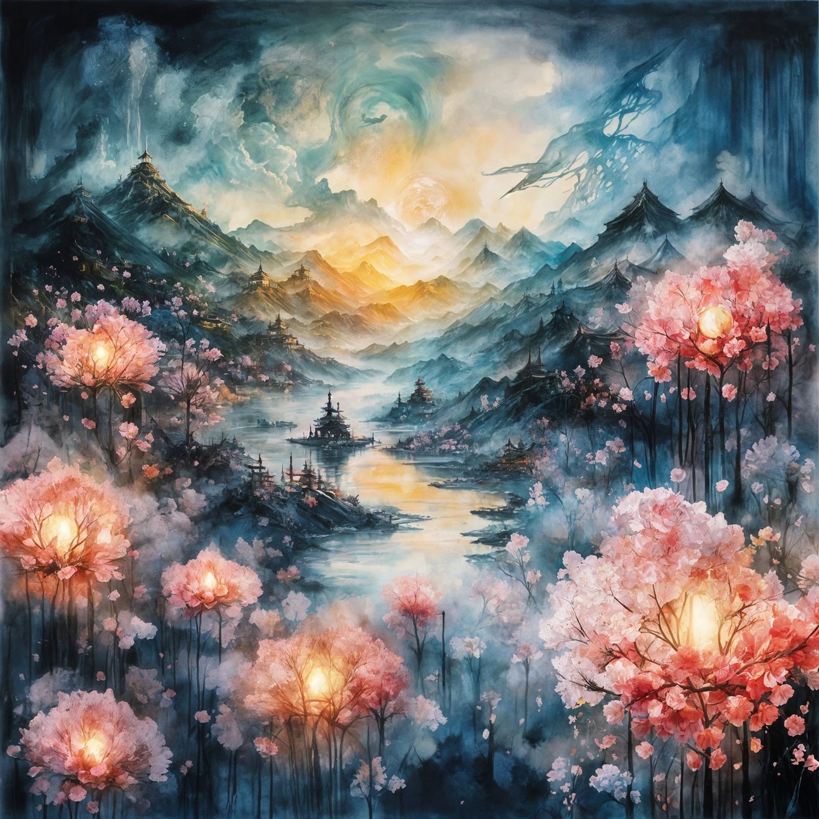 Ethereal Chinese Landscape in Watercolor