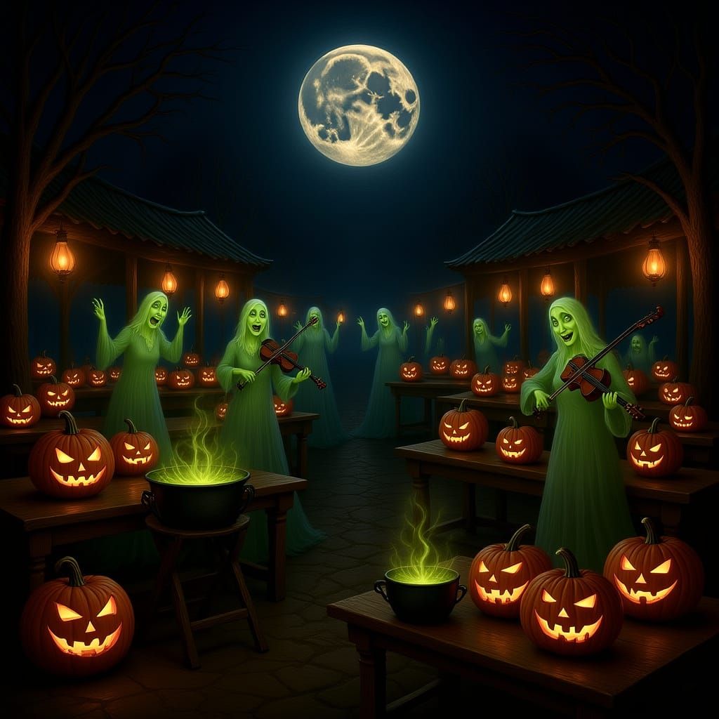 Eerie Harvest Fair Under Moonlight with Spectral Figures