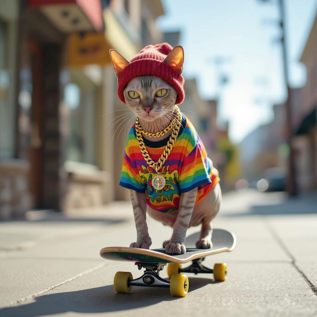 Sphynx Cat Skateboarding in Hippie Style
