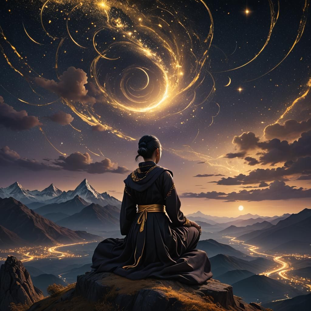 Female Monk Meditating Under Starry Sky