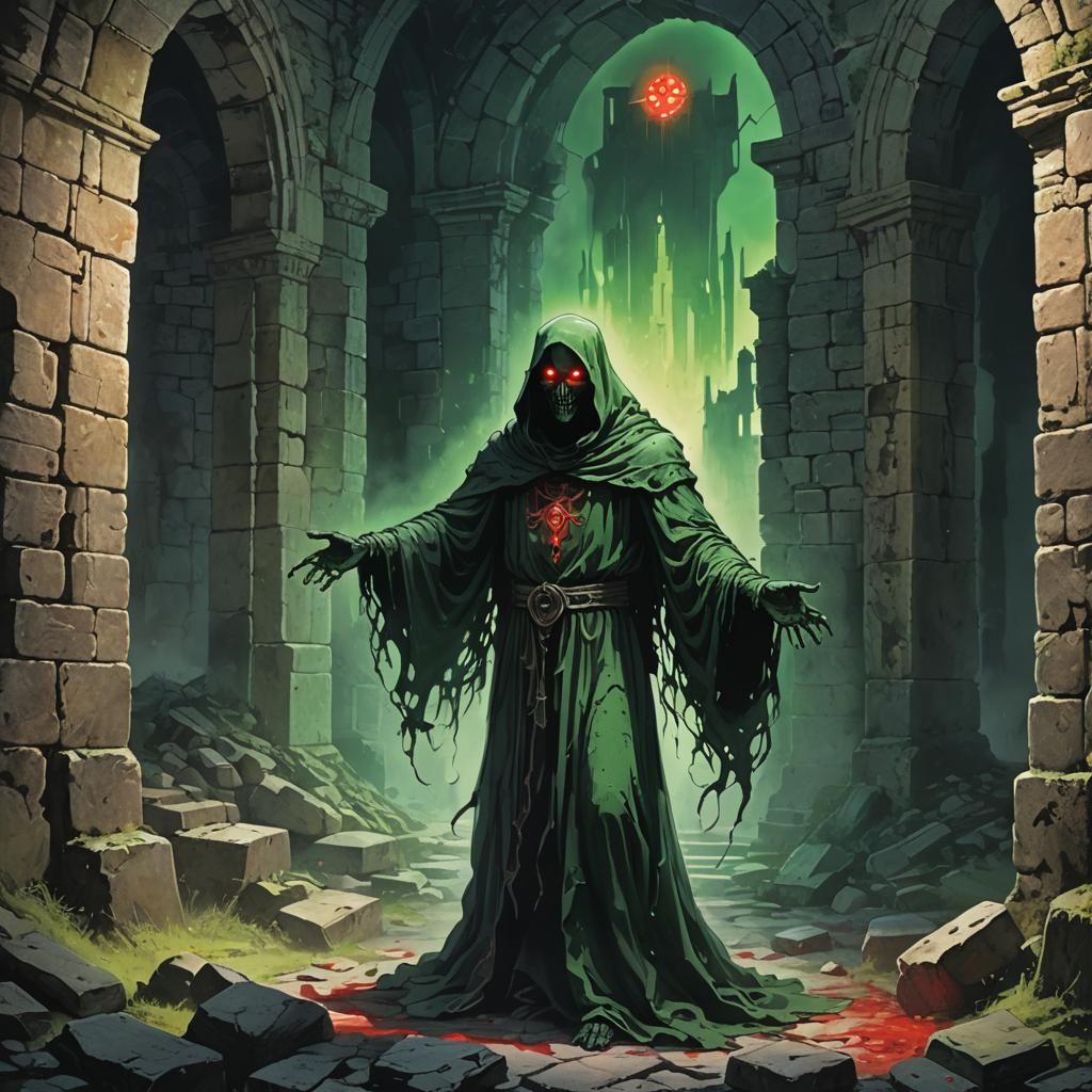 Surreal Ghostly Figure Guards Ancient Castle Ruins in Ethere...