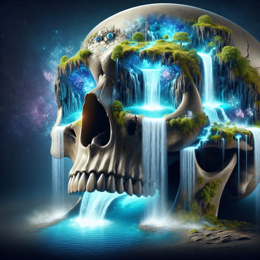 Ethereal Skull in Vibrant Waterfall Scene