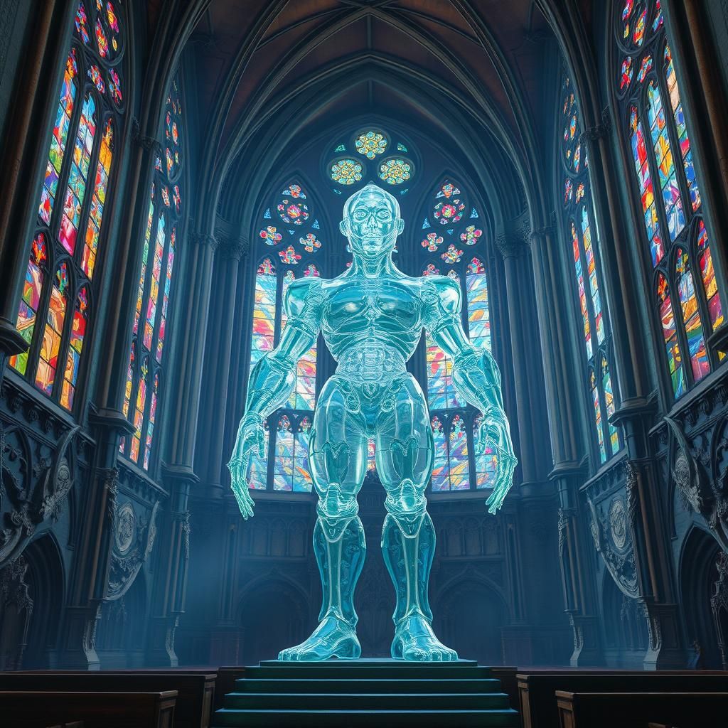 Glass Golem Amidst Majestic Cathedral