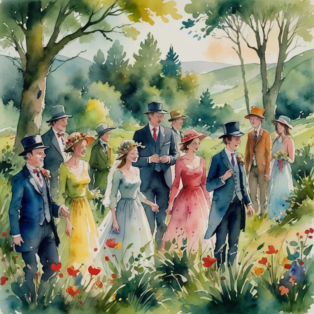 Whimsical Wedding Party in a Serene Welsh Valley
