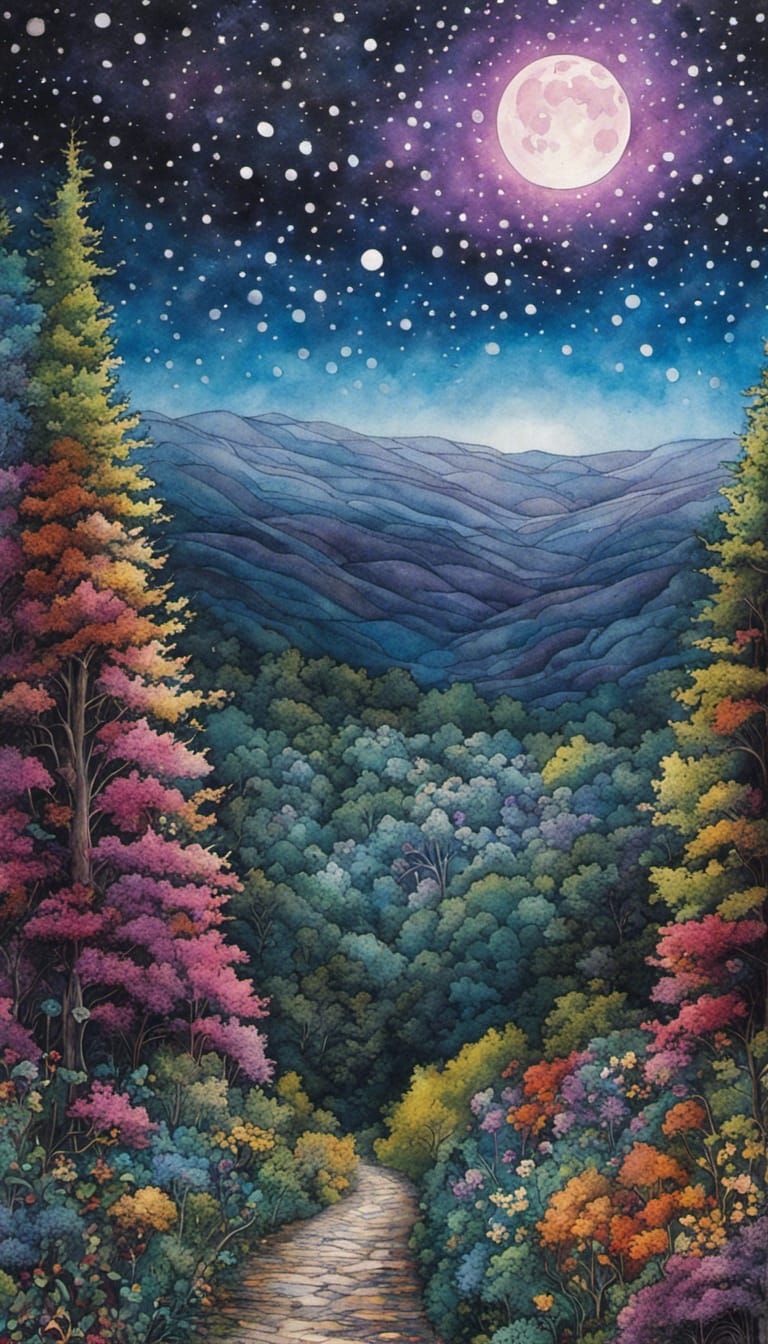 Surreal Gothic Landscape with Vibrant Stars and Dramatic Lig...