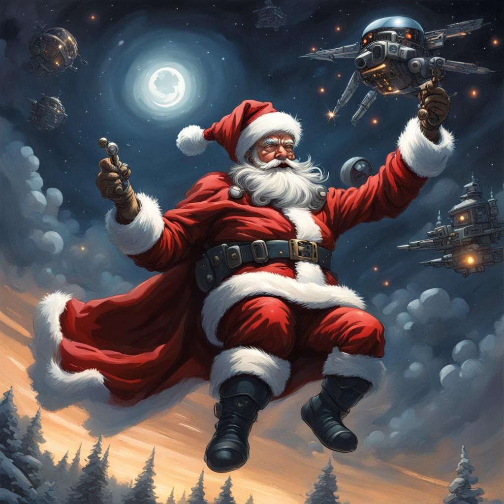 Cyborg Santa Claus Soars through Dark Winter Skies on Christ...
