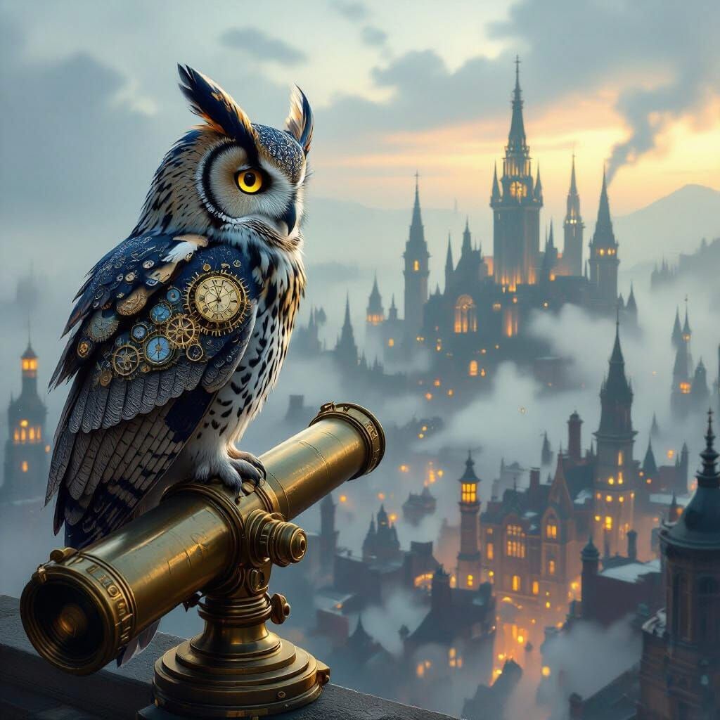 Steampunk Owl Over Victorian Cityscape