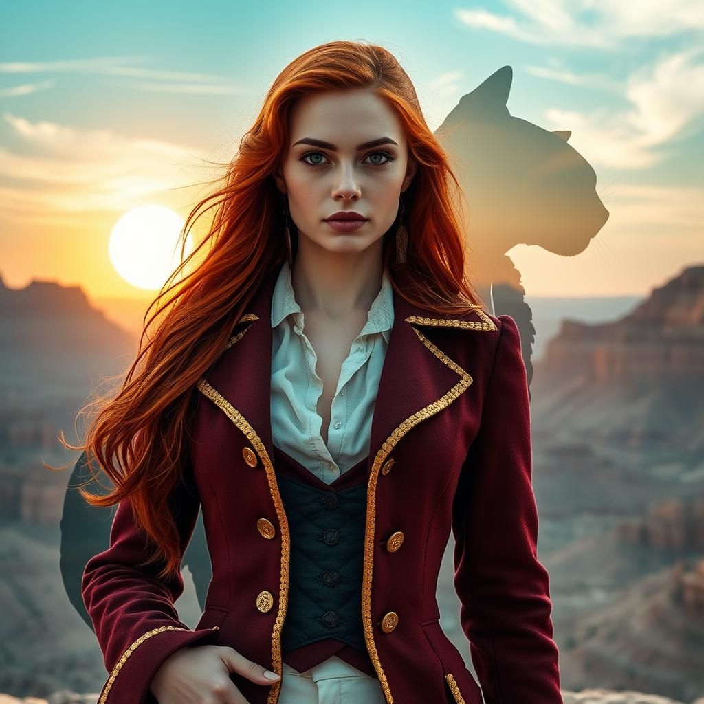 Lady in Victorian Attire Stands with Majestic Cat in Etherea...