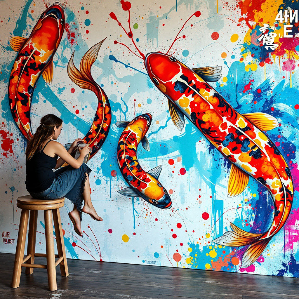 Vibrant Koi Fish Art in Bold Street Art Style