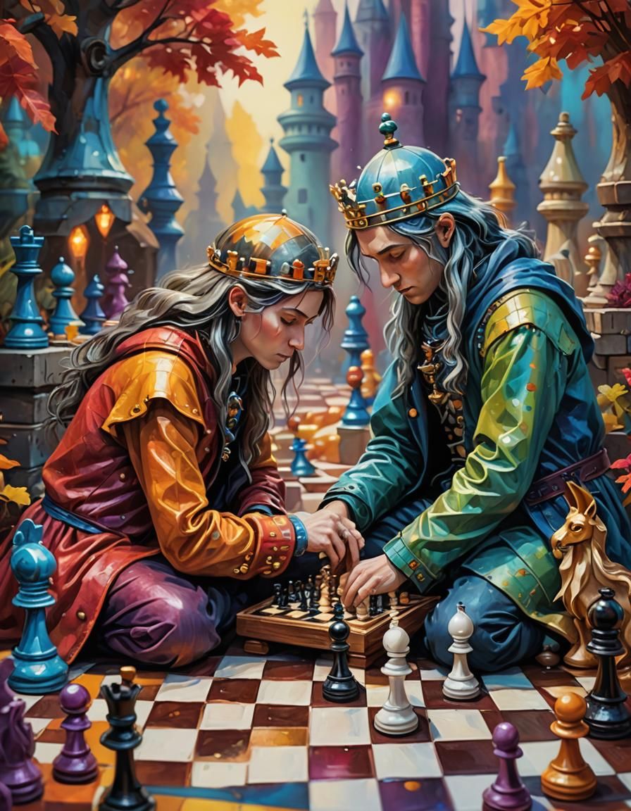 Chess Enthusiasts in Vibrant Fantasy Realm