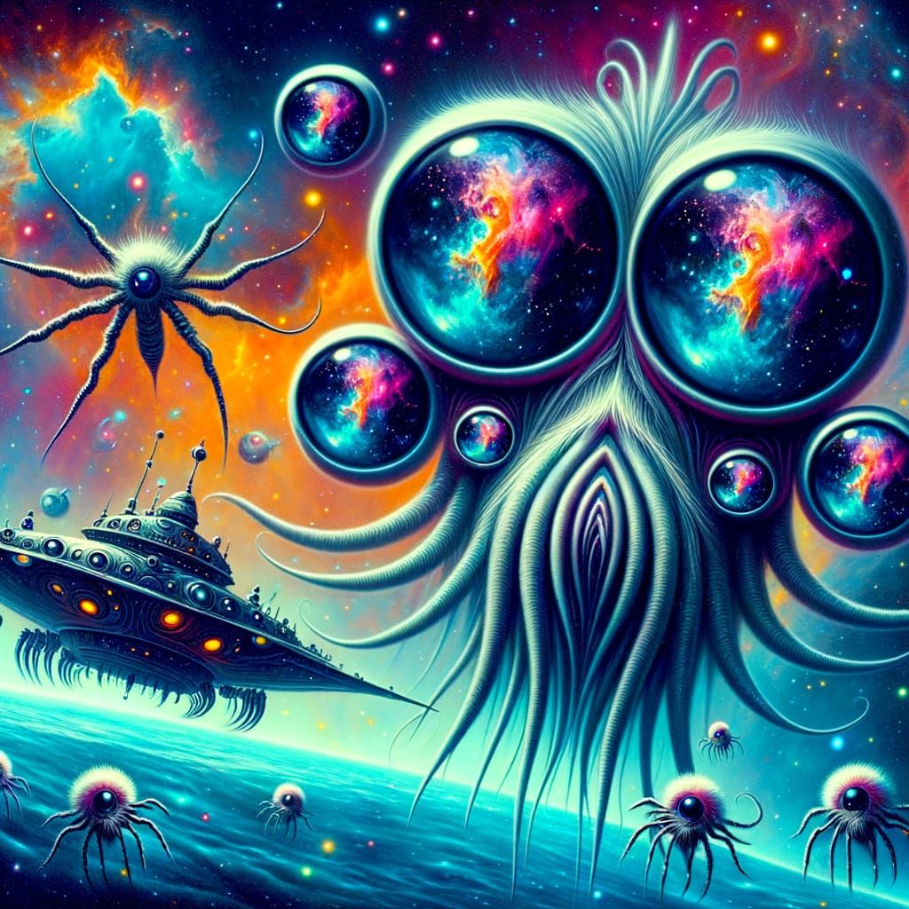 Alien Fish Deity in Cosmic Aquatic Scene