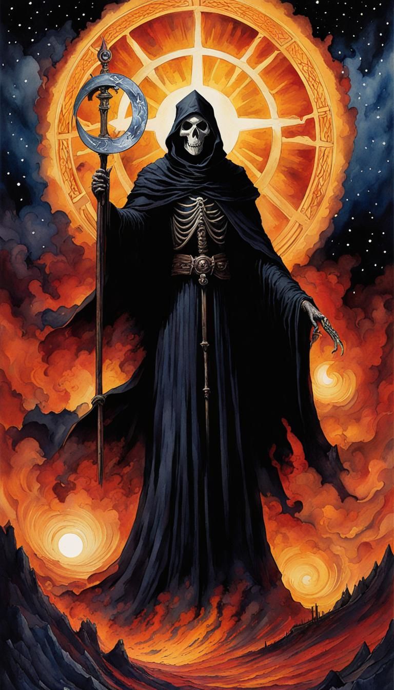 The Grim Reaper in Celestial Chaos, a Watercolor Tarot Card