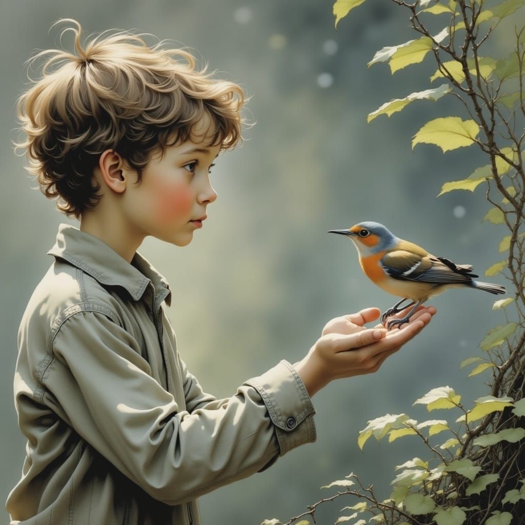 Father Teaches Son About Nature with a Gentle Bird on His Ha...