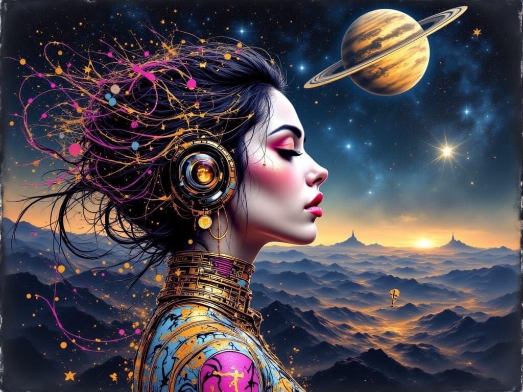 Cosmic Goddess in Vibrant, Retro-Futuristic Space