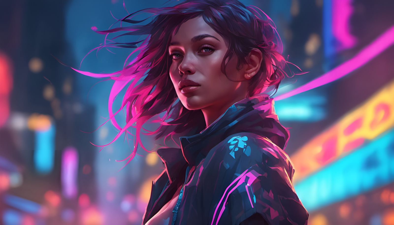 Cyberpunk Portrait in Triadic Colors, with Neon Lights