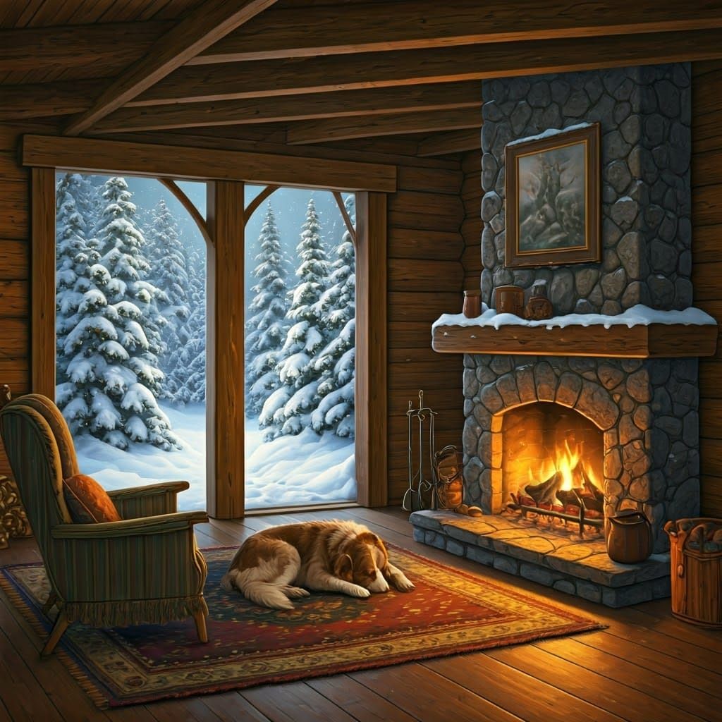 Warm Winter Cabin Scene with Golden Glow