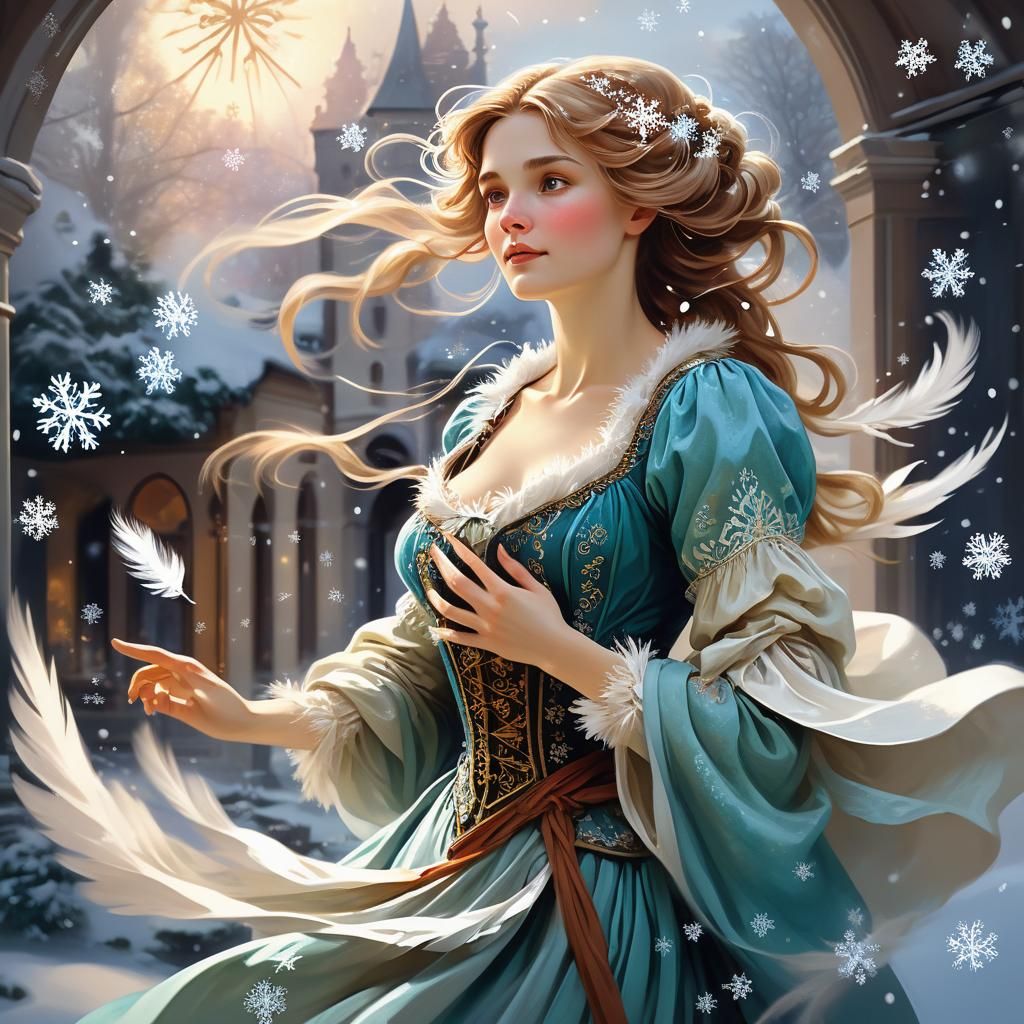 Ethereal Mother Holle Shakes Featherbed in Whirling Snow